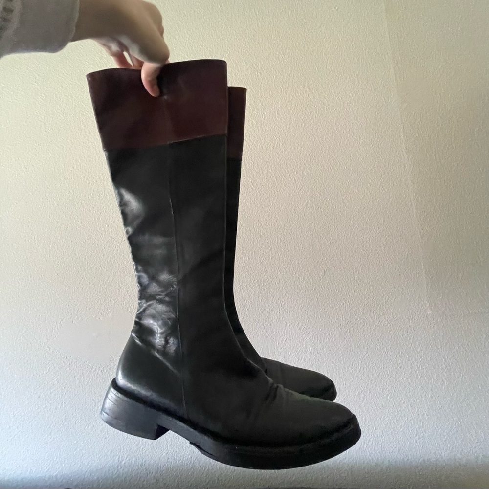 Ann Demeulemeester Black Leather Knee Boots with Dark Burgundy Cuffs